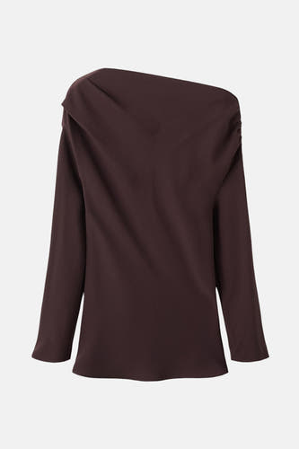 Bruine blouse met lange mouwen van MANGO, met een asymmetrische halslijn en gedrapeerde details.
