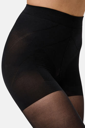 Pantys noirs de PIECES®, coupés près du corps, avec une ceinture opaque et un tissu transparent fin sur les jambes.