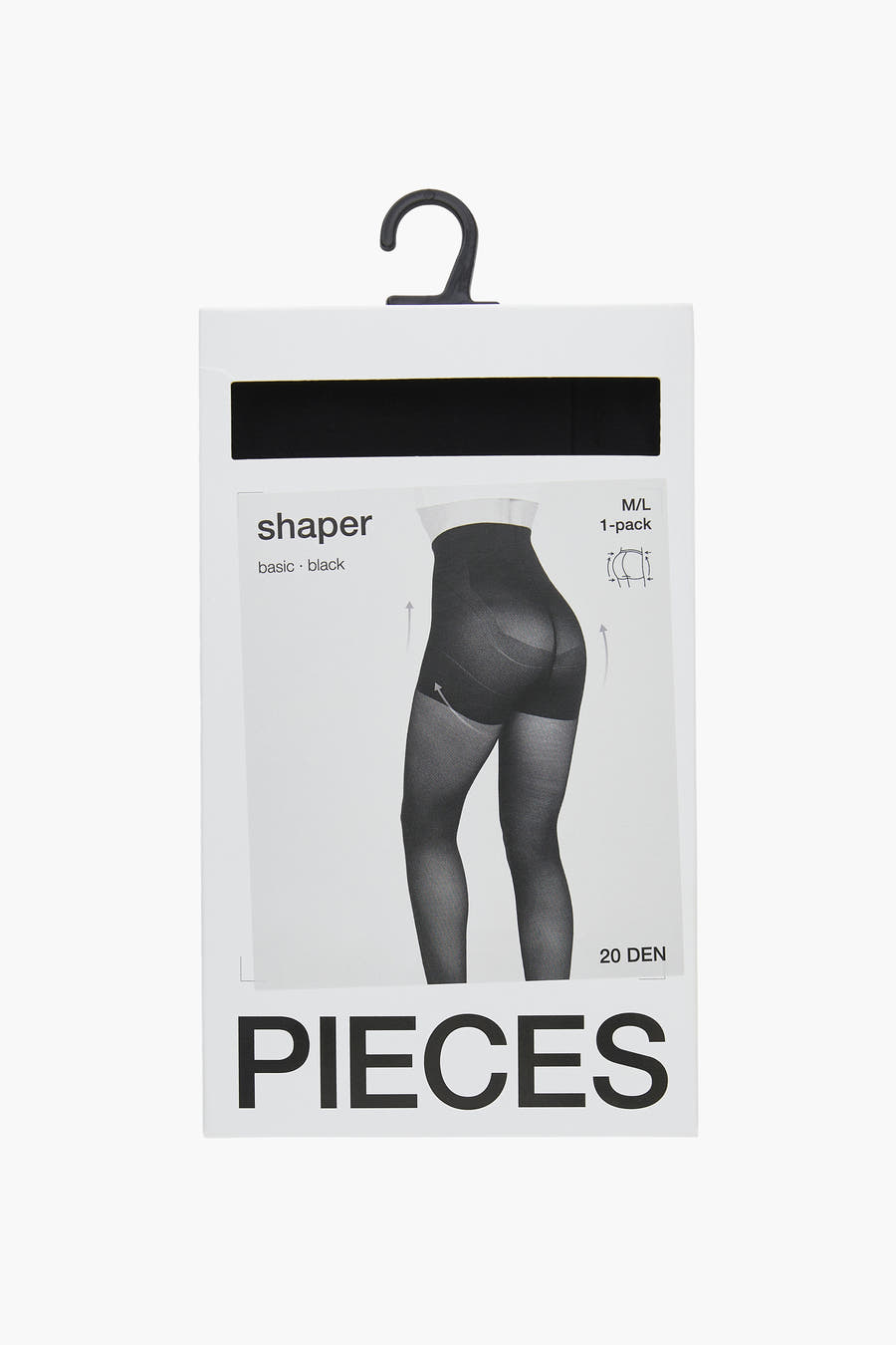 Panties shaper noirs de PIECES, 20 denier, emballés avec une photo du produit.