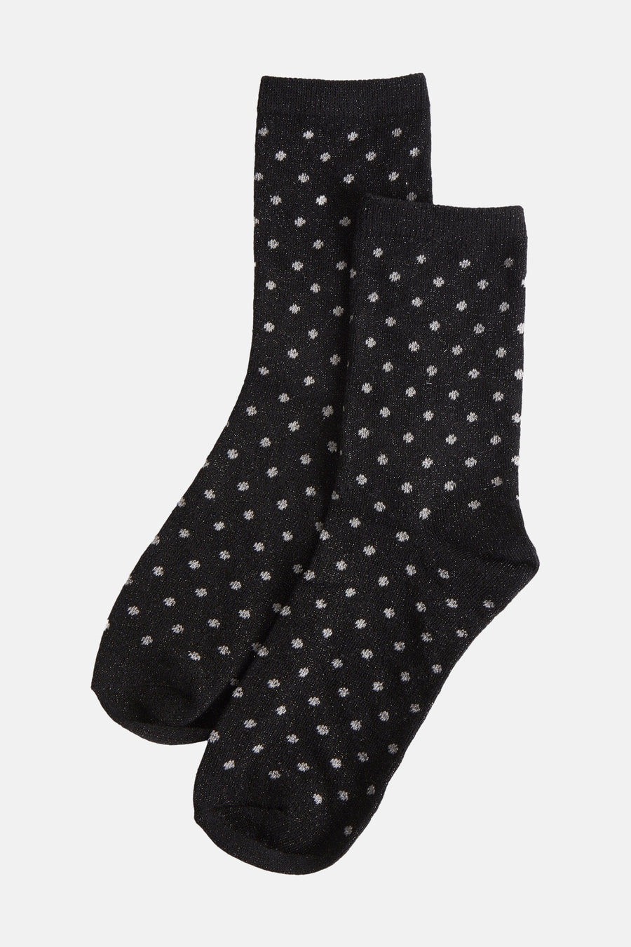 Zwarte sokken van PIECES® met een zilverkleurig stippenpatroon en glanzende textuur.
