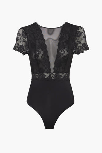 Body noir de PIECES®, avec des détails sur les épaules et un col V en mesh.