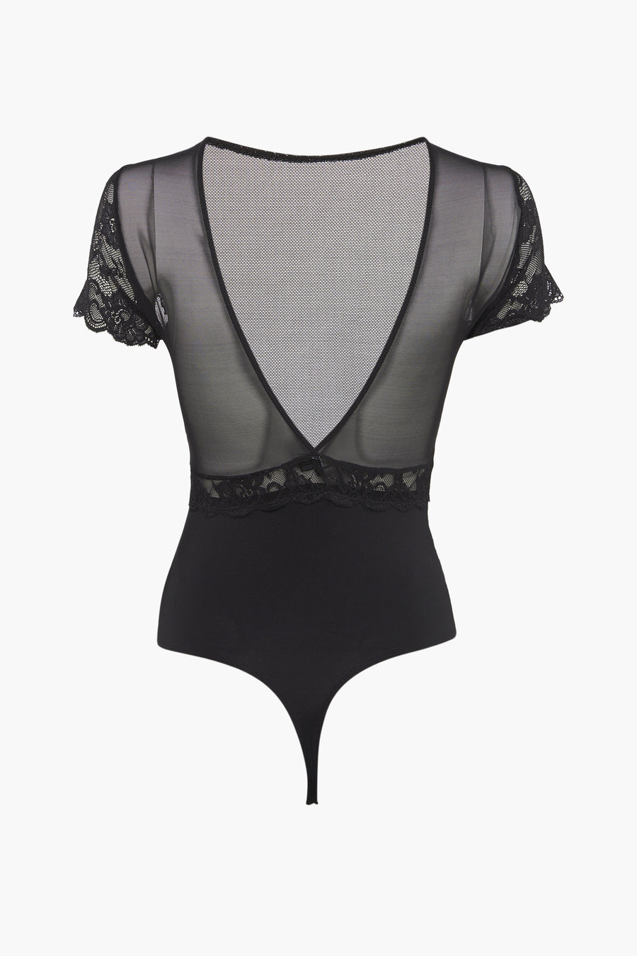 Zwarte body met korte mouwen van kant en gaas.