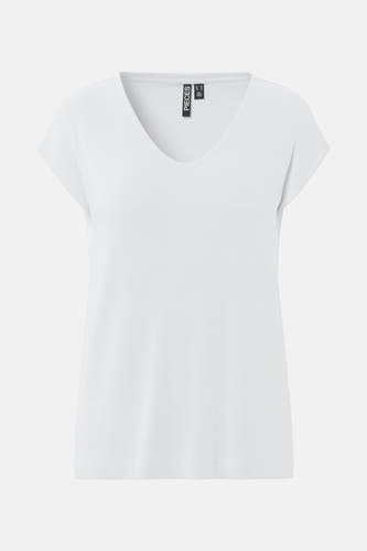 Wit T-shirt met korte mouwen van PIECES, effen kleur en een V-hals.