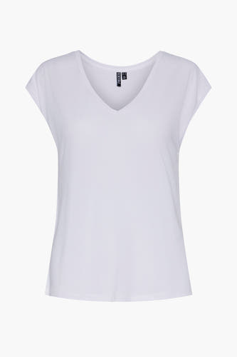 Wit T-shirt met korte mouwen van PIECES, effen stof met een V-hals.