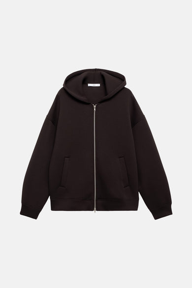 Bruin vest van MANGO met capuchon en zilverkleurige ritssluiting, twee steekzakken aan de voorkant.
