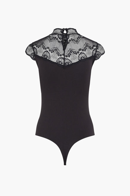 Zwart body met kantdetail aan de rug en schouders, van PIECES®, strakke pasvorm, achterkant weergegeven