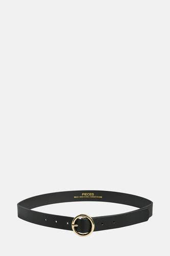 Ceinture noire de PIECES avec une boucle ronde en or.