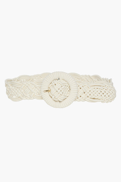 Beige riem van PIECES® met gevlochten ontwerp en ronde gesp met gouden detail.
