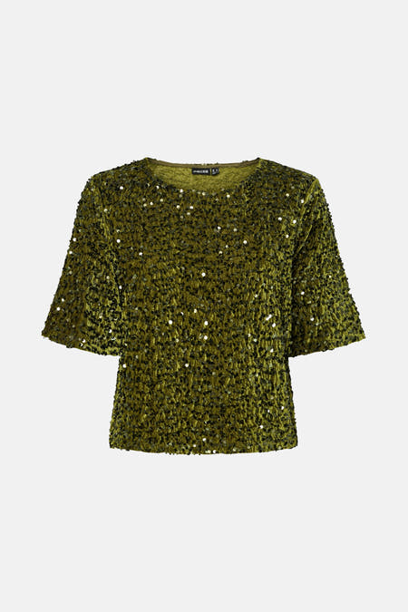 Groene blouse van PIECES, bedekt met pailletten, met driekwart mouwen en een ronde hals.