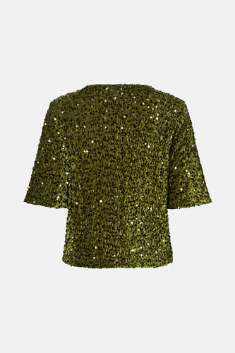 Groene blouse met driekwart mouwen van PIECES®, voorzien van glanzende pailletten en een luxe textuur.
