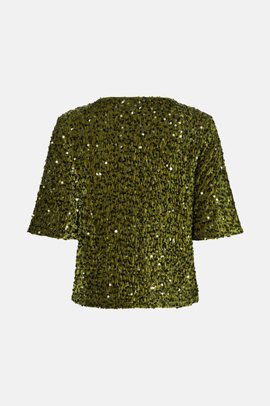 Groene blouse met driekwart mouwen van PIECES®, voorzien van glanzende pailletten en een luxe textuur.
