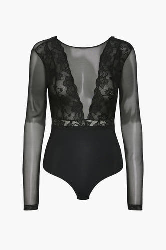 Body noir de Pieces, avec des manches transparentes longues et des détails en dentelle sur l'avant.
