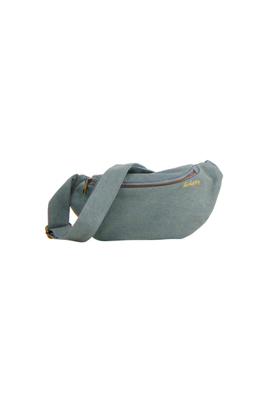 Blauwe schoudertas van PIECES® van spijkerstof met goudkleurige rits en 'be happy' borduursel.