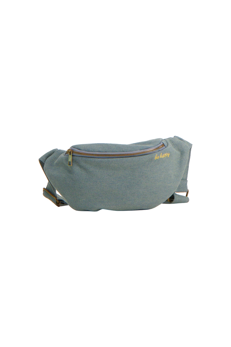 Sac à bandoulière bleu de PIECES en tissu denim avec fermeture éclair dorée et broderie 'be happy'.