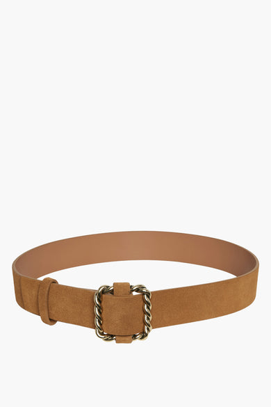 Bruine riem van PIECES®, met een vierkante gesp met een gevlochten ontwerp in gouden kleur.
