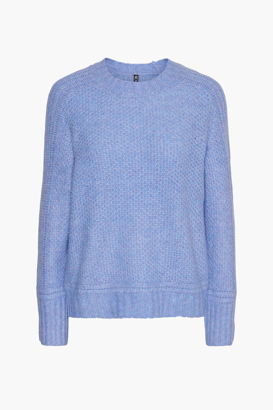 Blauw gebreide trui met ronde hals van PIECES®, met lange mouwen en een fijnmazige textuur.