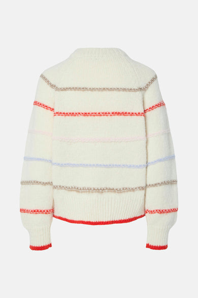 Beige trui met ronde hals van PIECES®, gestreept met rode, roze, blauwe en bruine lijnen.