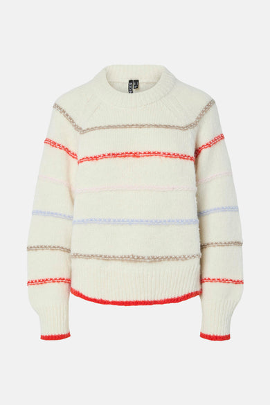 Beige trui met ronde hals van PIECES®, met gestreepte details in rood, roze, blauw en bruin.
