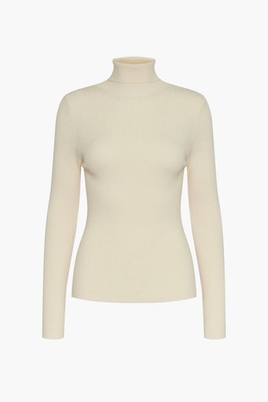 Marine ribgebreide trui avec col montant de PIECES®, couleur unie et longues manches.