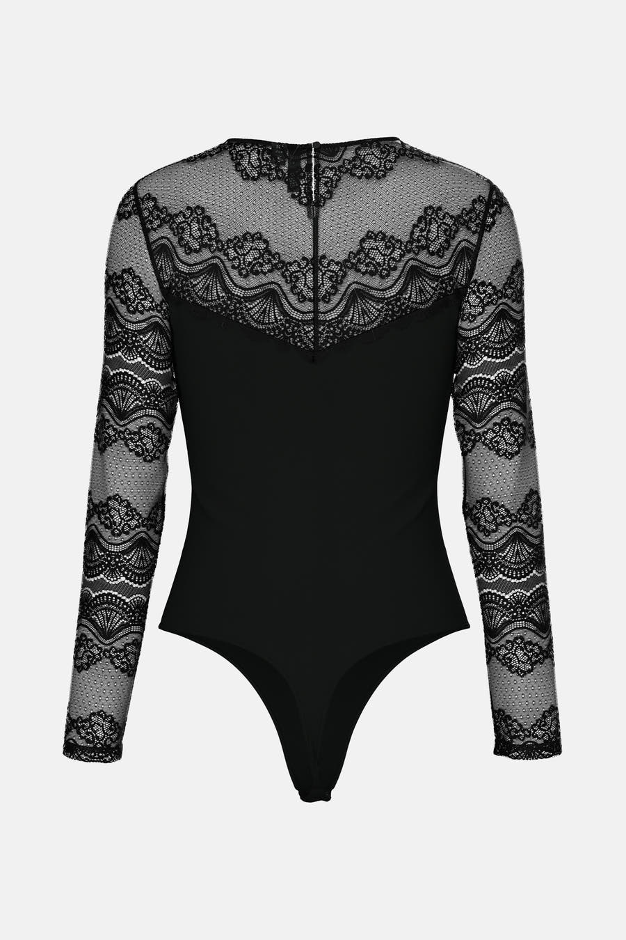 Zwarte body van PIECES®, met lange kanten mouwen en kanten details rond de halslijn.
