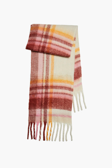 Écharpe d'hiver rouge de PIECES® avec motif de lunettes et franges.