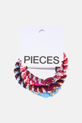 Multicolor gevlochten haar elastiekjes van PIECES® met bordeauxrode, roze en blauwe kralen.