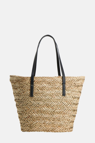 Sac à main beige PIECES® avec anses noires et texture tissée.