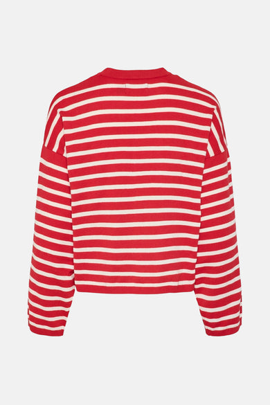 Rode trui met ronde hals van PIECES®, met een gestreept patroon.
