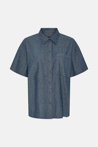 Blauw hemd met korte mouwen van Pieces, met borstzak en knoopsluiting.
