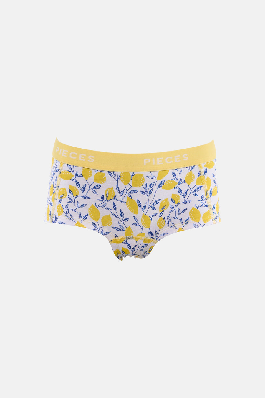 Shorty jaune de PIECES avec des citrons et des feuilles bleues, avec une ceinture jaune portant le nom de la marque.