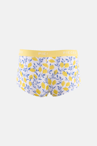Gele shorty van PIECES met citroenen en blauwe bladeren, met gele tailleband met merknaam.