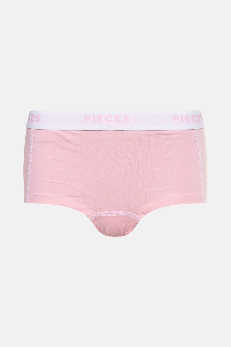 Roze shorty van PIECES met witte tailleband en het merklogo.