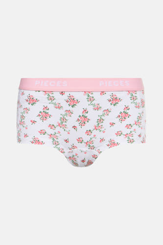 Shorty blanc de Pieces avec imprimé de fleurs roses et cordon élastique rose avec logo.