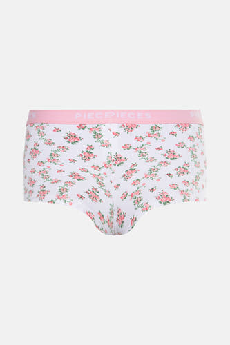 Witte shorty van Pieces met roze bloemenprint en roze elastische band met logo.