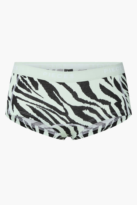 Groene shorty van PIECES met zwart-wit zebraprint en een elastische band met logo.
