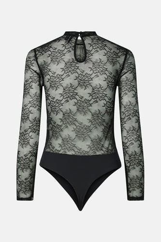 Corps noir de PIECES®, avec des manches longues et un motif floral en dentelle sur la partie supérieure.