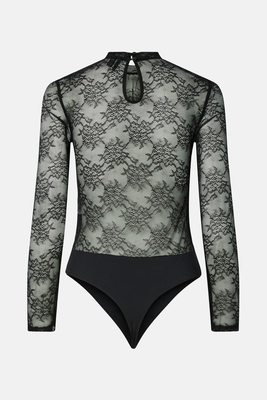 Corps noir de PIECES®, avec des manches longues et un motif floral en dentelle sur la partie supérieure.
