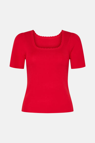 T-shirt rouge à manches courtes de PIECES®, avec une fine structure en côtes et une ligne de col sculptée.