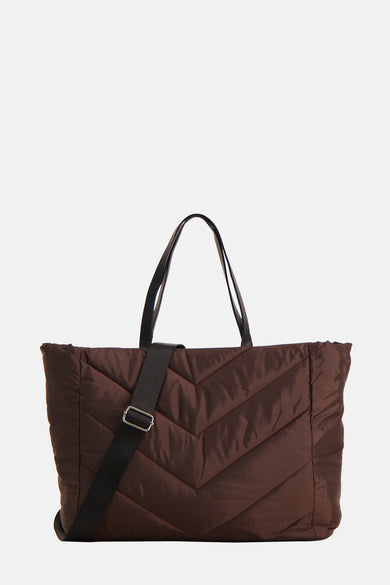 Bruine schoudertas van PIECES® met chevron stiksel en zwarte schouderband.