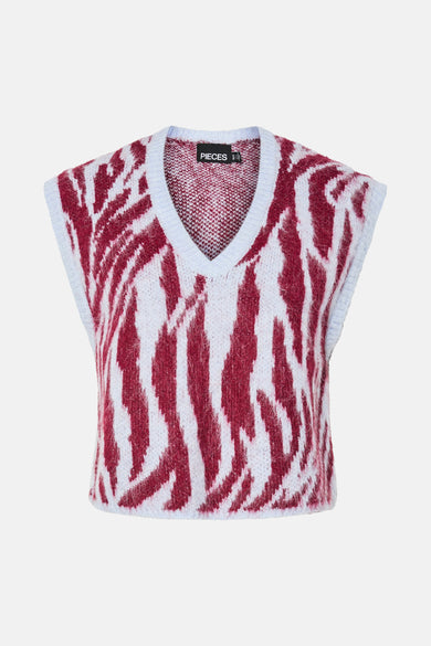 Mouwmloos vest van PIECES, met zebraprint in rood en wit.