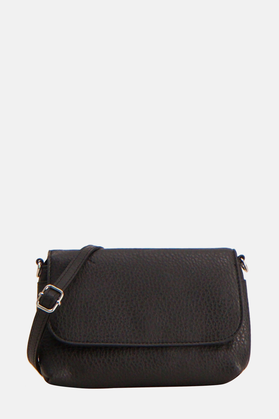 Zwarte leren schoudertas met zilverkleurige gesp.