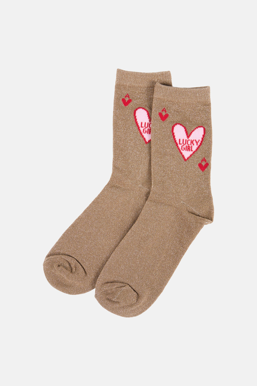 Beige glitter sokken van PIECES® met roze harten en 'LUCKY GIRL' opdruk.
