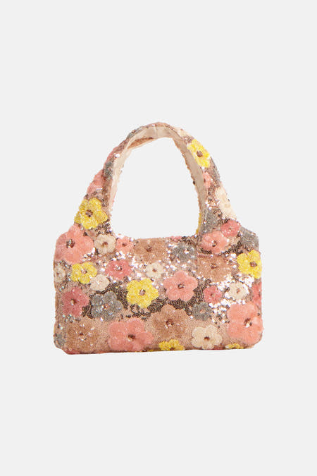 Meerkleurige handtas met bloemen en pailletten van PIECES®, in roze, geel en crèmekleurige tinten.