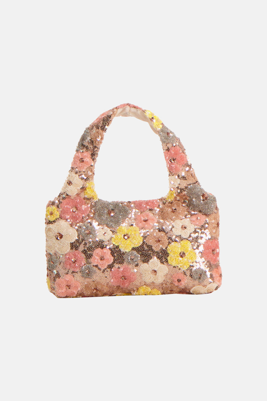 Multicolor handtas van PIECES® met bloemen van pailletten en kralen.