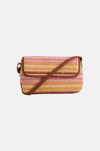 Sac à bandoulière multicolore de PIECES® avec tissu rayé au crochet et finitions en cuir marron.