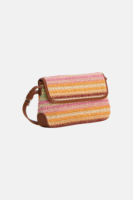 Multicolor schoudertas van PIECES® met geweven strepenpatroon en bruine leren details.