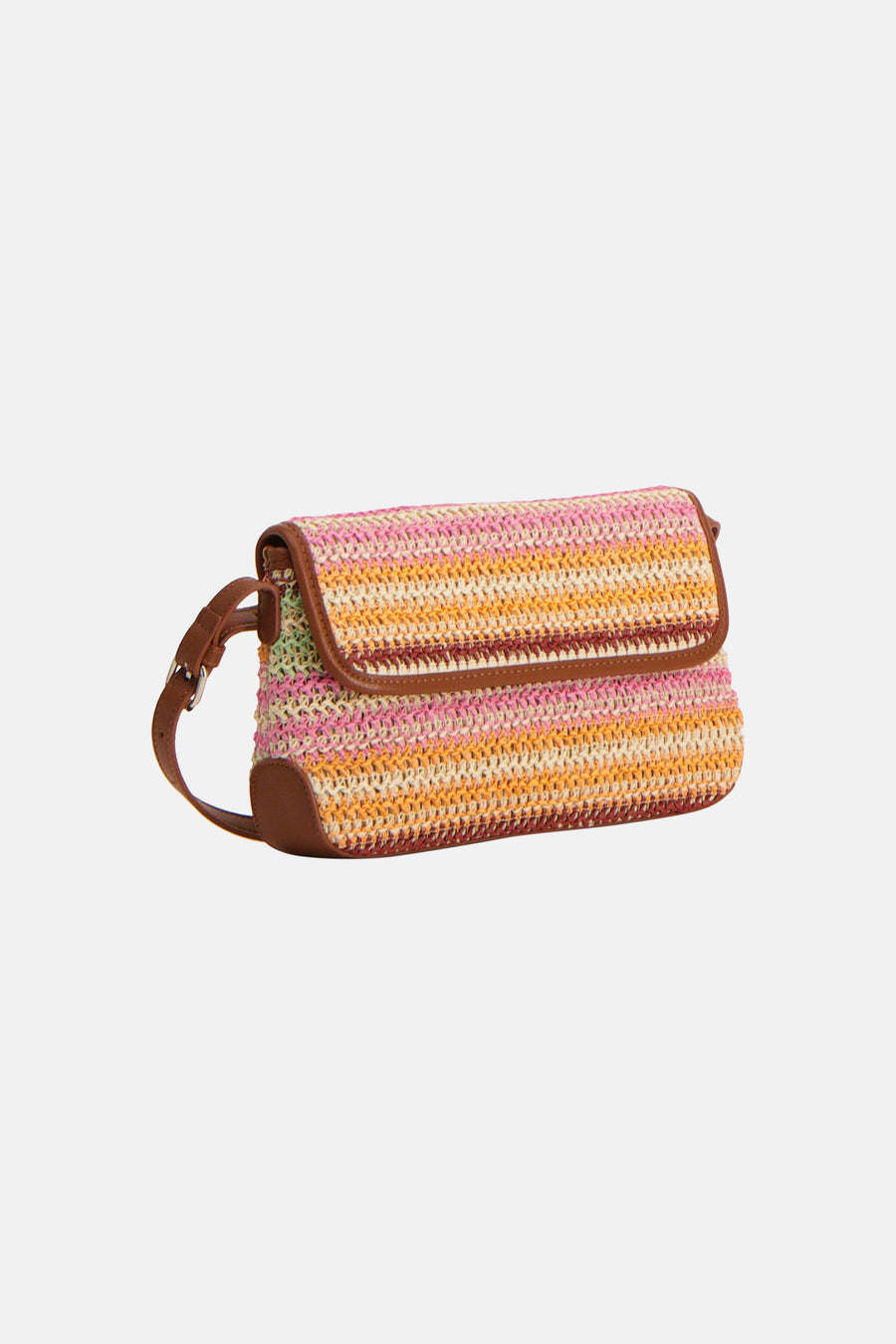 Multicolor schoudertas van PIECES® met geweven strepenpatroon en bruine leren details.