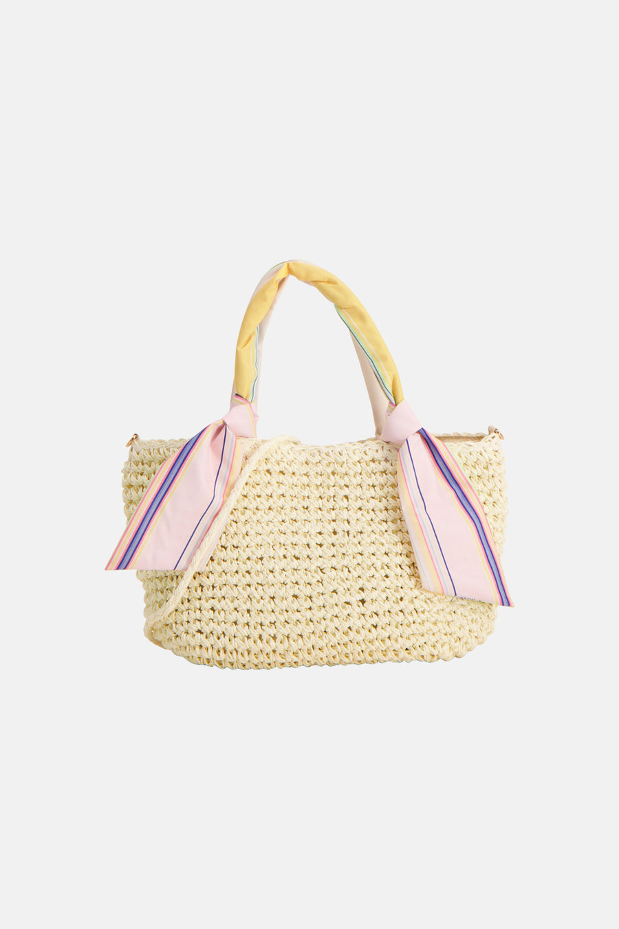 Sac à bandoulière écru crocheté de PIECES® avec anses rayées aux couleurs pastel.