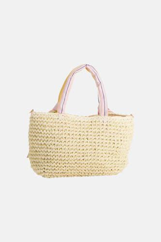 Ecru gehaakte schoudertas van PIECES® met gestreepte handvatten in pastelkleuren.