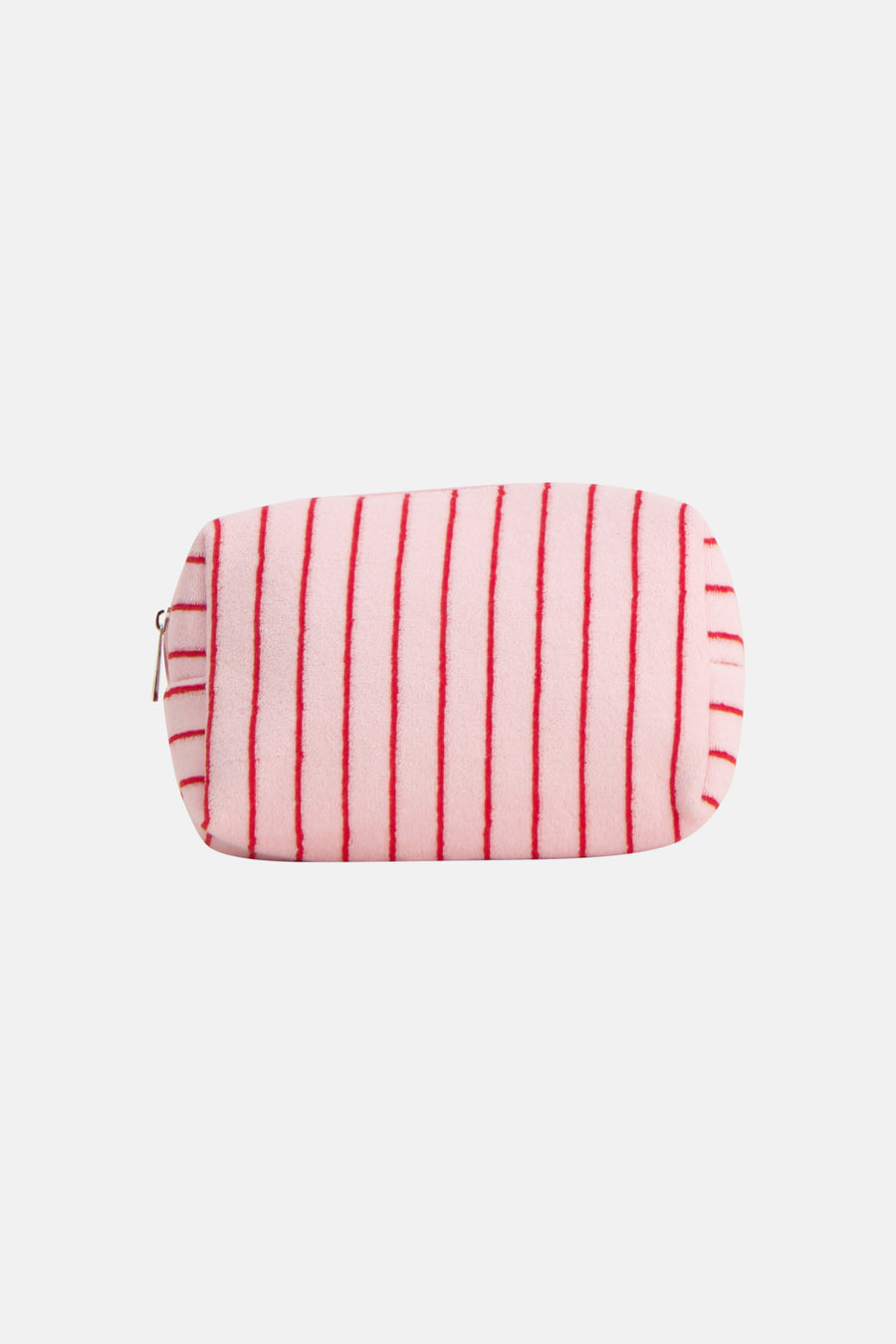 Trousse de toilette rose de PIECES® avec des rayures verticales rouges et une texture éponge, avec une fermeture éclair.